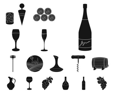 酒类产品平面图标集为设计收藏。葡萄酒矢量标记的设备和生产网站插图